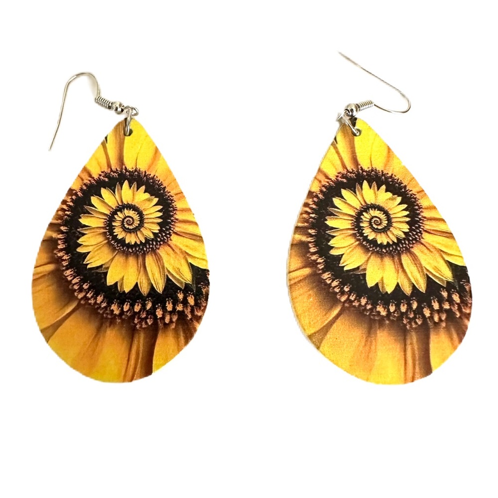 NEW Wooden Water Drop Shaped Sunflower Print Double Sided Earrings